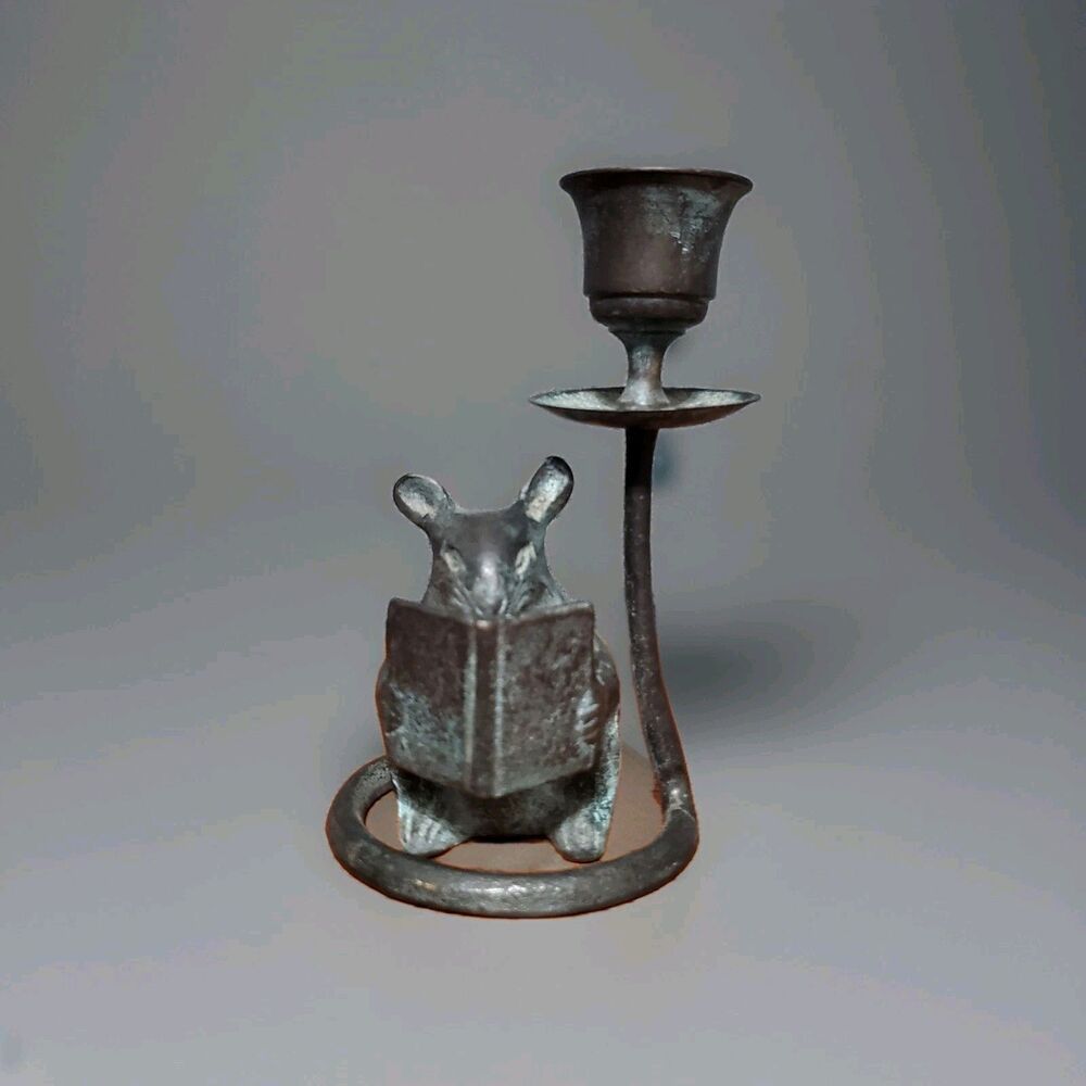 Vintage San Pacific San Francisco Bronze Reading Mouse Candle Holder Library